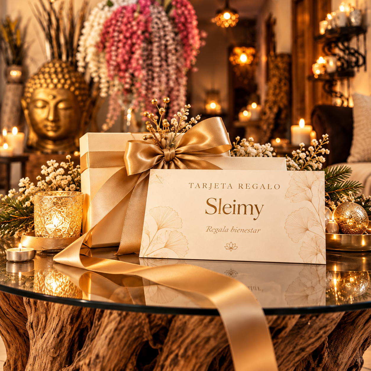 Elegante tarjeta regalo física y digital de Sleimy para masajes y experiencias en Barcelona